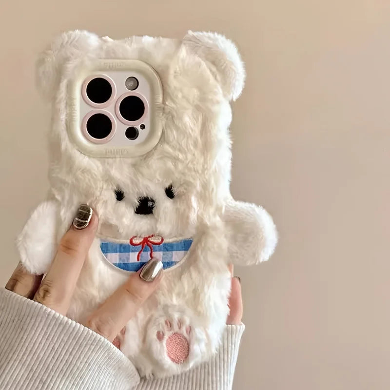 Autumn and winter white bear plush phone case suitable for iPhone 16 Pro Max
