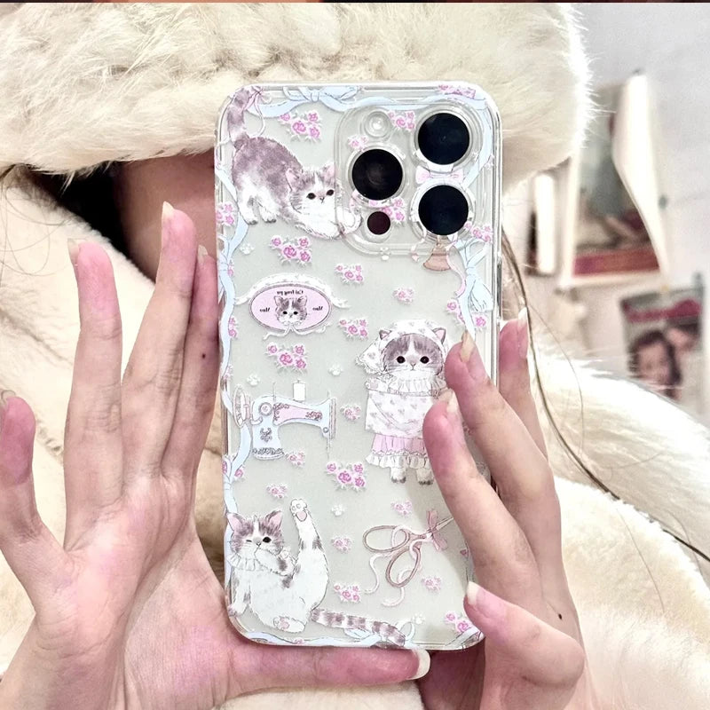 INS Girl Heart Cat Lace Print Kawaii Creative Cute Phone Case For iPhone 16 15 14 13 12 11Pro Max XR XS Max 78Plus MINI Y2K Case