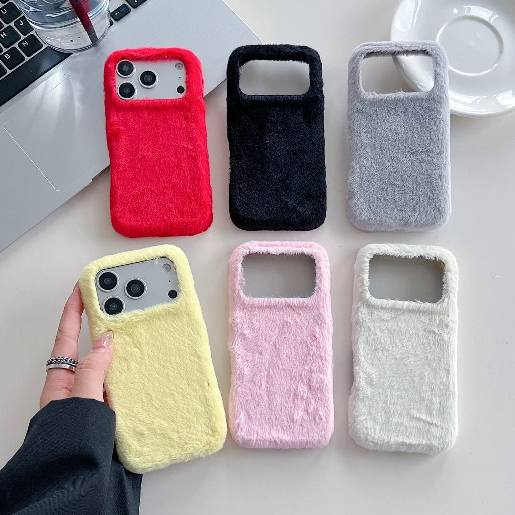Winter Warm Fur Fluffy Phone Case for iPhone 17 Pro Max 16 15 14 13 Pro Max Solid Color Plush Sweater Girl Protection Cover