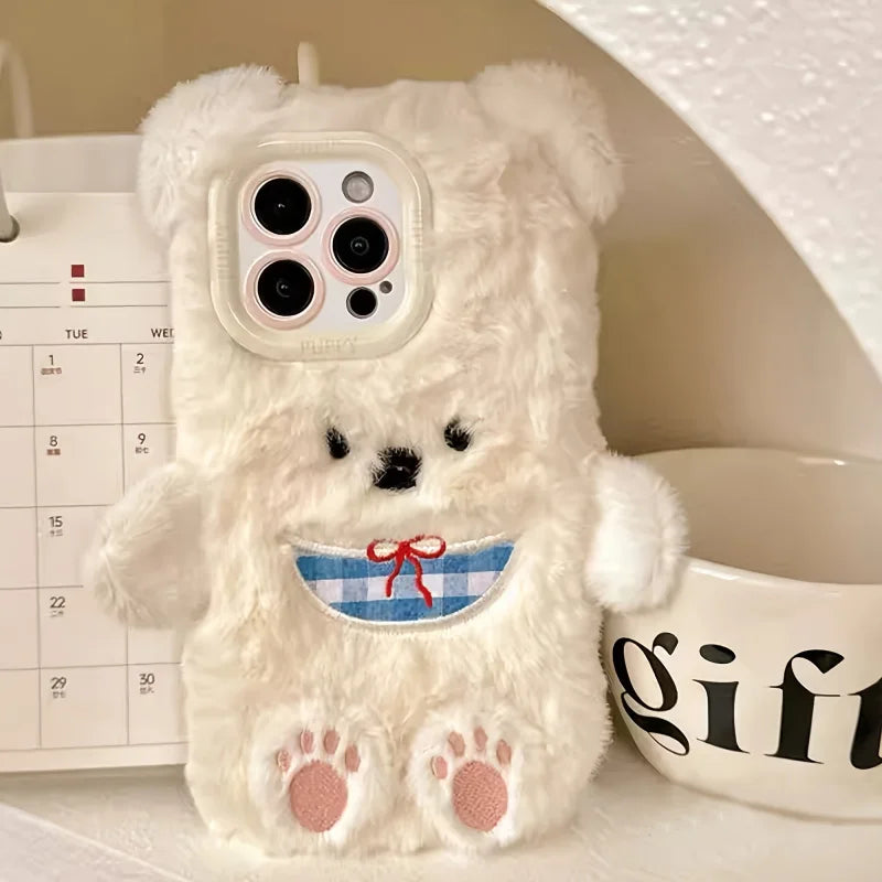 Autumn and winter white bear plush phone case suitable for iPhone 16 Pro Max
