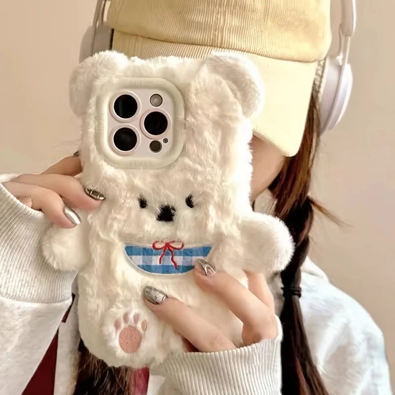 Autumn and winter white bear plush phone case suitable for iPhone 16 Pro Max