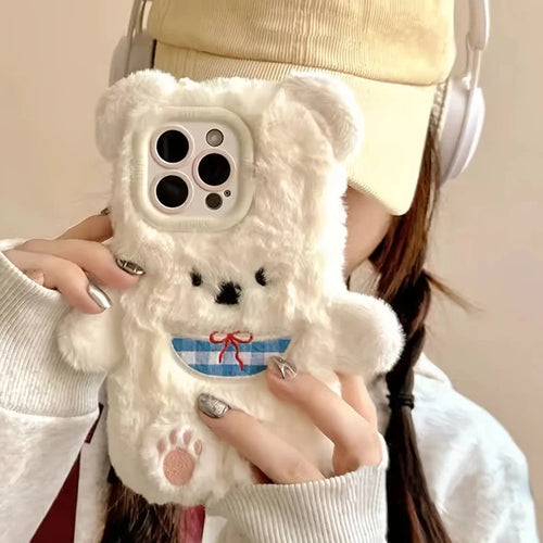 Autumn and winter white bear plush phone case suitable for iPhone 16 Pro Max