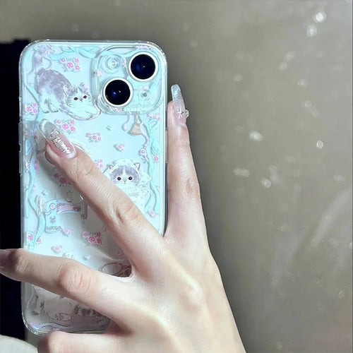 INS Girl Heart Cat Lace Print Kawaii Creative Cute Phone Case For iPhone 16 15 14 13 12 11Pro Max XR XS Max 78Plus MINI Y2K Case